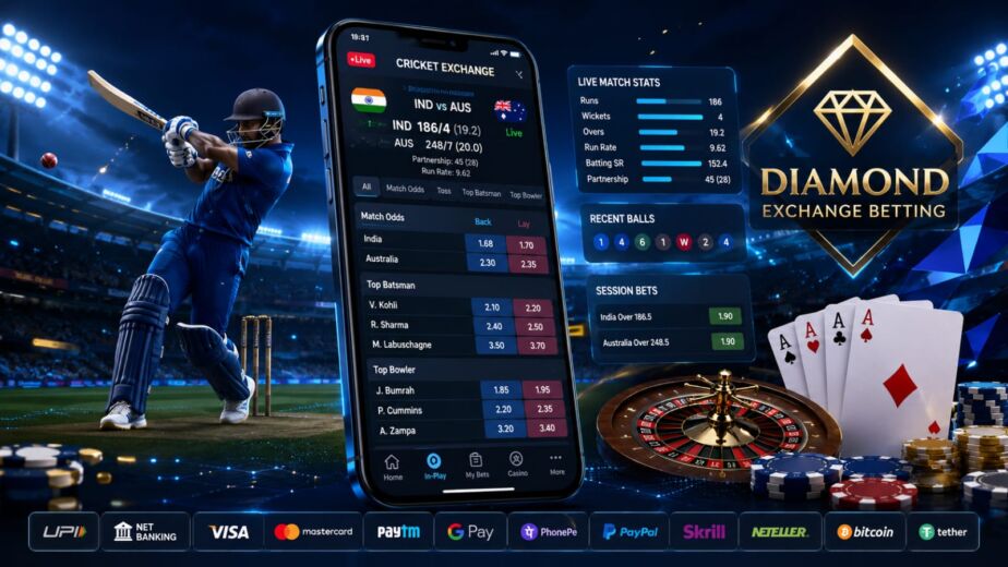 Diamond Exchange Betting platform showing live cricket betting odds, sports exchange markets, casino games, and mobile betting interface.Diamond Exchange Betting platform showing live cricket betting odds, sports exchange markets, casino games, and mobile betting interface.