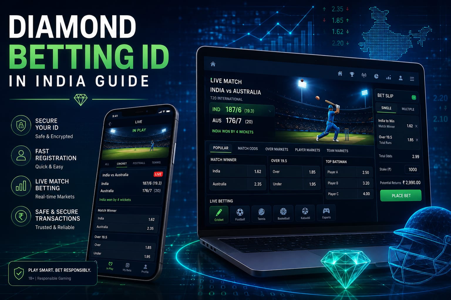 Diamond betting id online dashboard on mobile and laptop with live sports betting interface