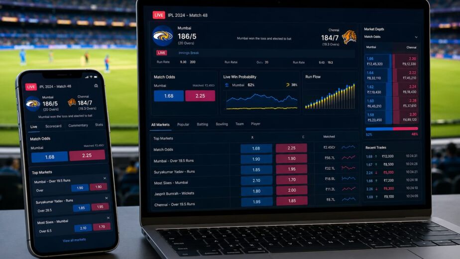 Live sports analytics dashboard showing real-time cricket match data and betting odds on mobile and laptop
