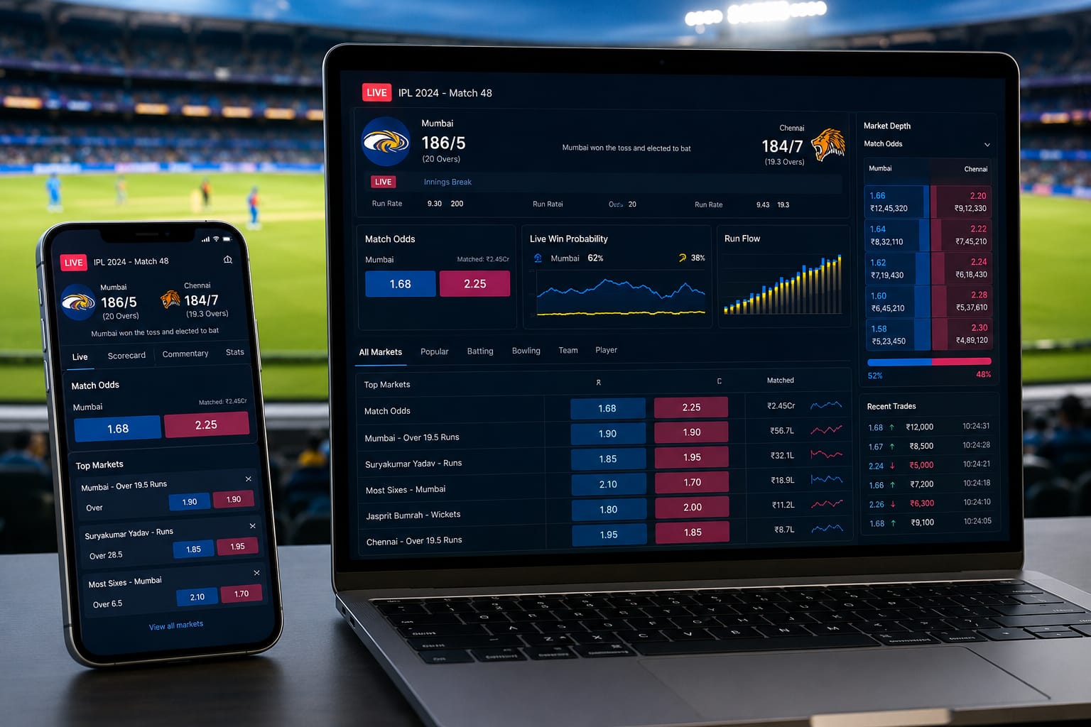 Live sports analytics dashboard showing real-time cricket match data and betting odds on mobile and laptop